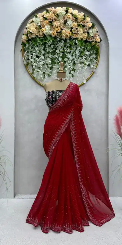 KD 443 Red Color Heavy Faux Georgette Hot Fix Work Saree Casual, Party, Wedding, Festive, Events Etc.  Expected Delivery  4-6 Working Days @1999/- Only | Sarees, Bollywood Sarees, Creative Sarees, Designer Sarees, Embroidered Sarees, Ethnic Saree, Modern Digital sarees, Party Wear Sarees