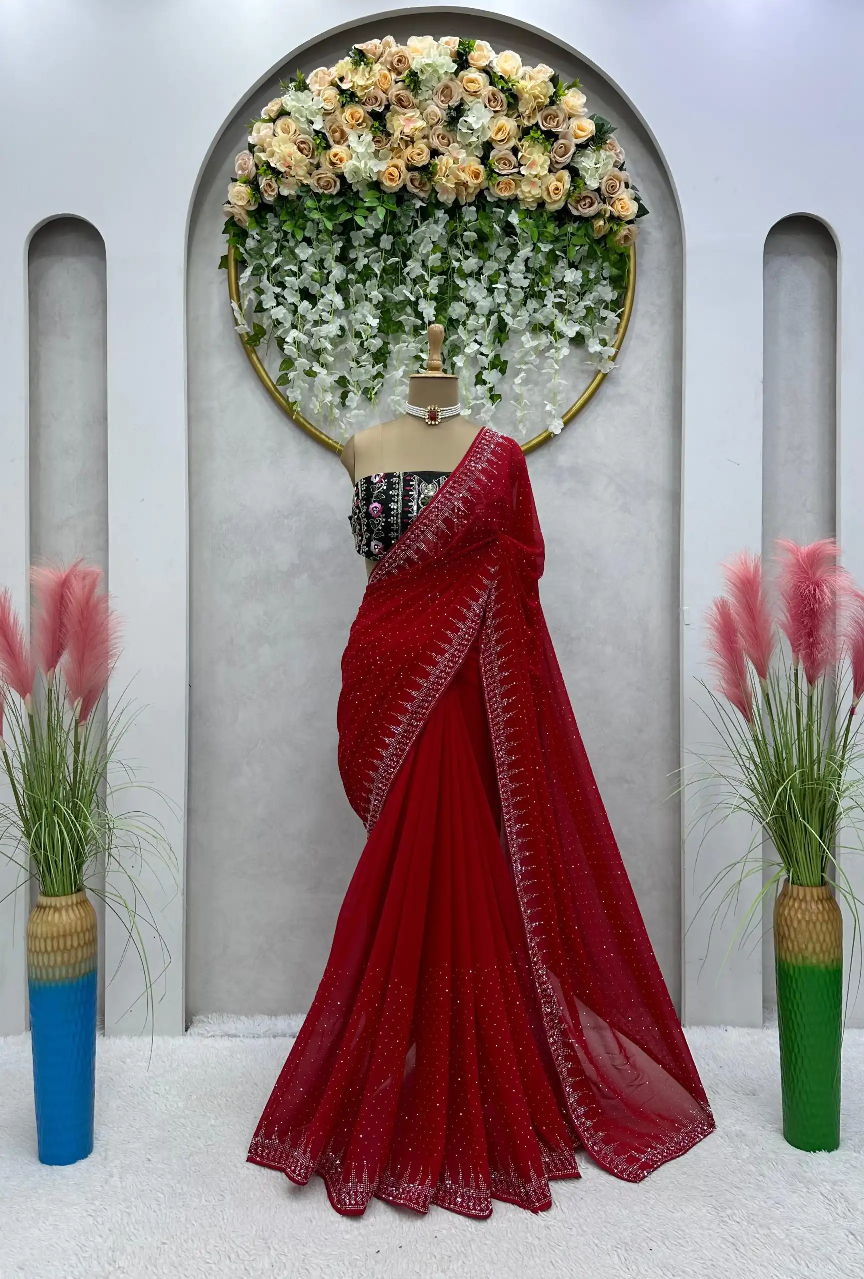 KD 443 Red Color Heavy Faux Georgette Hot Fix Work Saree Casual, Party, Wedding, Festive, Events Etc.  Expected Delivery  4-6 Working Days @1999/- Only | Sarees, Bollywood Sarees, Creative Sarees, Designer Sarees, Embroidered Sarees, Ethnic Saree, Modern Digital sarees, Party Wear Sarees