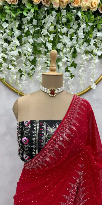 KD 443 Red Color Heavy Faux Georgette Hot Fix Work Saree Casual, Party, Wedding, Festive, Events Etc.  Expected Delivery  4-6 Working Days @1999/- Only | Sarees, Bollywood Sarees, Creative Sarees, Designer Sarees, Embroidered Sarees, Ethnic Saree, Modern Digital sarees, Party Wear Sarees