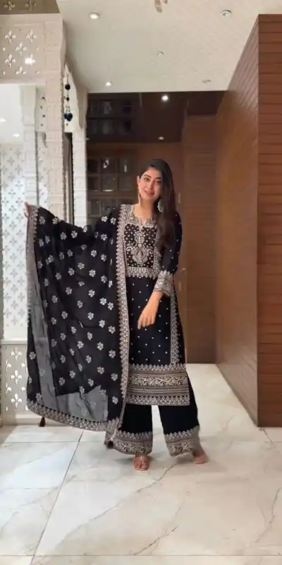 VLM 183 Black Color Chinnon Silk Embroidery Work Salwar Suit Wedding, Party, Festive, Events Expected Delivery 4-6 Working Days @ 2149/- Only | Salwar suit, Designer Suits, Casual Suits, Creative suits, Party Wear Suits, Straight Suits