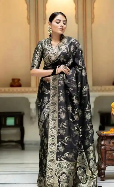 KP 5072 Black Color Soft Lichi Silk Jacquard On All Over Saree Casual, Party Wear, Wedding, Events Etc. Expected Delivery 4-6 Working Days @1499/- | Sarees, Bollywood Sarees, Creative Sarees, Designer Sarees, Embroidered Sarees, Ethnic Saree, Modern Digital sarees, Party Wear Sarees