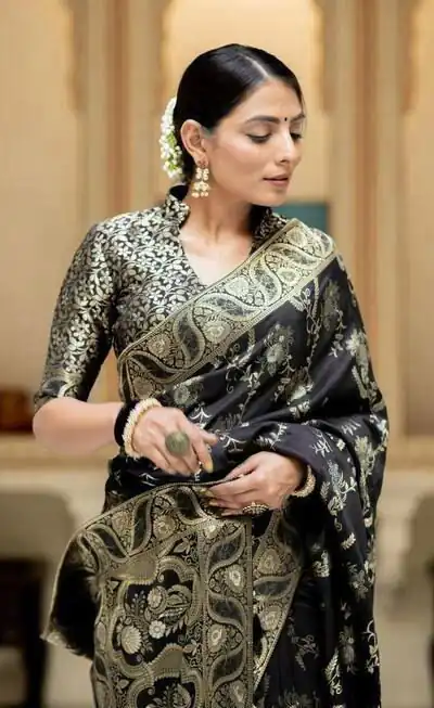 KP 5072 Black Color Soft Lichi Silk Jacquard On All Over Saree Casual, Party Wear, Wedding, Events Etc. Expected Delivery 4-6 Working Days @1499/- | Sarees, Bollywood Sarees, Creative Sarees, Designer Sarees, Embroidered Sarees, Ethnic Saree, Modern Digital sarees, Party Wear Sarees