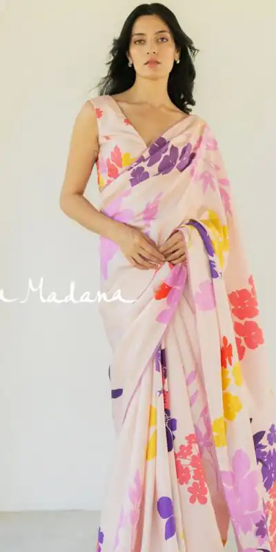  JM Krishna Madana2 Cream Pink Color Satin Silk Blouse Digital Print Saree, Party Wear, Events, Festivals Expected Delivery 4-6 Working Days 1549/- | Sarees, Bollywood Sarees, Creative Sarees, Designer Sarees, Embroidered Sarees, Ethnic Saree, Modern Digital sarees, Party Wear Sarees