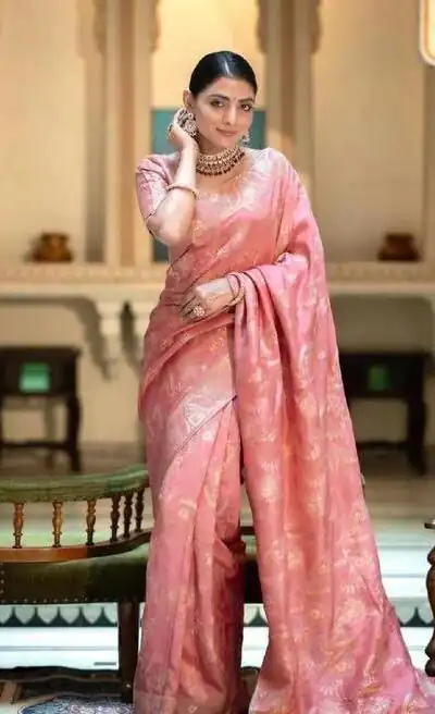 KP 5072B Peach Color Soft Lichi Silk Jacquard On All Over Saree Casual, Party Wear, Wedding, Events Etc. Expected Delivery 4-6 Working Days @1499/- | Sarees, Bollywood Sarees, Creative Sarees, Designer Sarees, Embroidered Sarees, Ethnic Saree, Modern Digital sarees, Party Wear Sarees