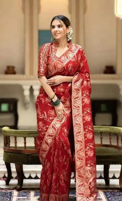 KP 5072 Red Color Soft Lichi Silk Jacquard On All Over Saree Casual, Party Wear, Wedding, Events Etc. Expected Delivery 4-6 Working Days @1499/- | Sarees, Bollywood Sarees, Creative Sarees, Designer Sarees, Embroidered Sarees, Ethnic Saree, Modern Digital sarees, Party Wear Sarees