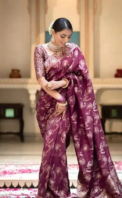 KP 5072B Wine Color Soft Lichi Silk Jacquard On All Over Saree Casual, Party Wear, Wedding, Events Etc. Expected Delivery 4-6 Working Days @1499/- | Sarees, Bollywood Sarees, Creative Sarees, Designer Sarees, Embroidered Sarees, Ethnic Saree, Modern Digital sarees, Party Wear Sarees