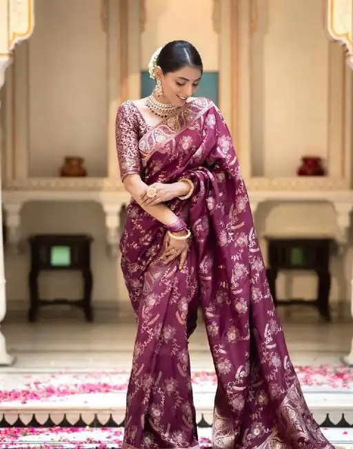 KP 5072B Wine Color Soft Lichi Silk Jacquard On All Over Saree Casual, Party Wear, Wedding, Events Etc. Expected Delivery 4-6 Working Days @1499/- | Sarees, Bollywood Sarees, Creative Sarees, Designer Sarees, Embroidered Sarees, Ethnic Saree, Modern Digital sarees, Party Wear Sarees