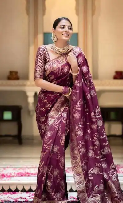 KP 5072B Wine Color Soft Lichi Silk Jacquard On All Over Saree Casual, Party Wear, Wedding, Events Etc. Expected Delivery 4-6 Working Days @1499/- | Sarees, Bollywood Sarees, Creative Sarees, Designer Sarees, Embroidered Sarees, Ethnic Saree, Modern Digital sarees, Party Wear Sarees