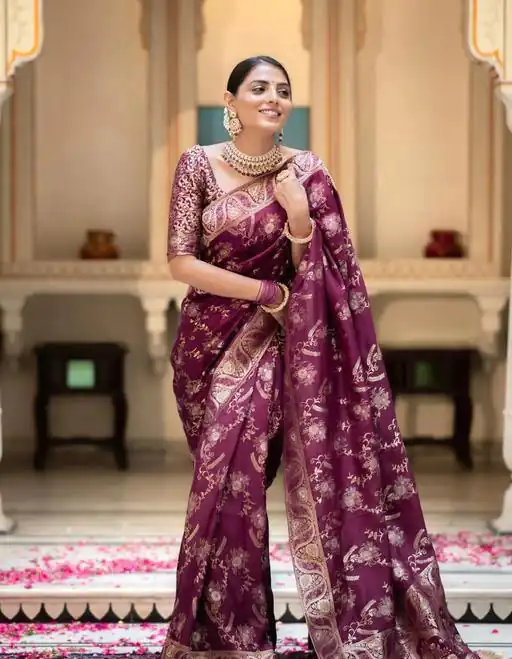 KP 5072B Wine Color Soft Lichi Silk Jacquard On All Over Saree Casual, Party Wear, Wedding, Events Etc. Expected Delivery 4-6 Working Days @1499/- | Sarees, Bollywood Sarees, Creative Sarees, Designer Sarees, Embroidered Sarees, Ethnic Saree, Modern Digital sarees, Party Wear Sarees