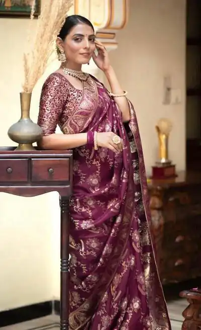 KP 5072B Wine Color Soft Lichi Silk Jacquard On All Over Saree Casual, Party Wear, Wedding, Events Etc. Expected Delivery 4-6 Working Days @1499/- | Sarees, Bollywood Sarees, Creative Sarees, Designer Sarees, Embroidered Sarees, Ethnic Saree, Modern Digital sarees, Party Wear Sarees