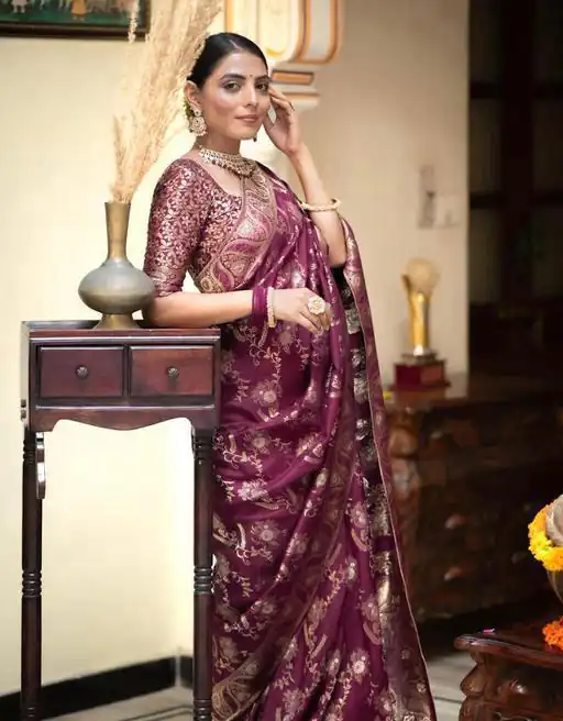 KP 5072B Wine Color Soft Lichi Silk Jacquard On All Over Saree Casual, Party Wear, Wedding, Events Etc. Expected Delivery 4-6 Working Days @1499/- | Sarees, Bollywood Sarees, Creative Sarees, Designer Sarees, Embroidered Sarees, Ethnic Saree, Modern Digital sarees, Party Wear Sarees