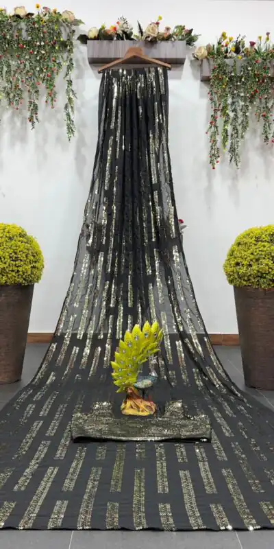 KD 383 Black Color Faux Georgette Sequence Work Saree Casual, Party, Wedding, Festive, Events Etc. Expected Delivery 4-6 Working Days @1699/- | Sarees, Bollywood Sarees, Creative Sarees, Designer Sarees, Embroidered Sarees, Ethnic Saree, Modern Digital sarees, Party Wear Sarees