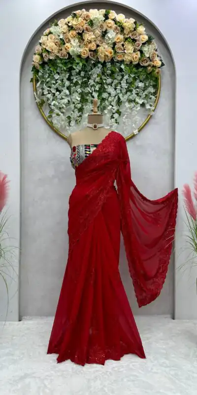 KD 443 Red Color Faux Georgette Thread With Sequence Saree Casual, Party, Wedding, Festive, Events Etc.  Expected Delivery  4-6 Working Days @1799/- Only | Sarees, Bollywood Sarees, Creative Sarees, Designer Sarees, Embroidered Sarees, Ethnic Saree, Modern Digital sarees, Party Wear Sarees