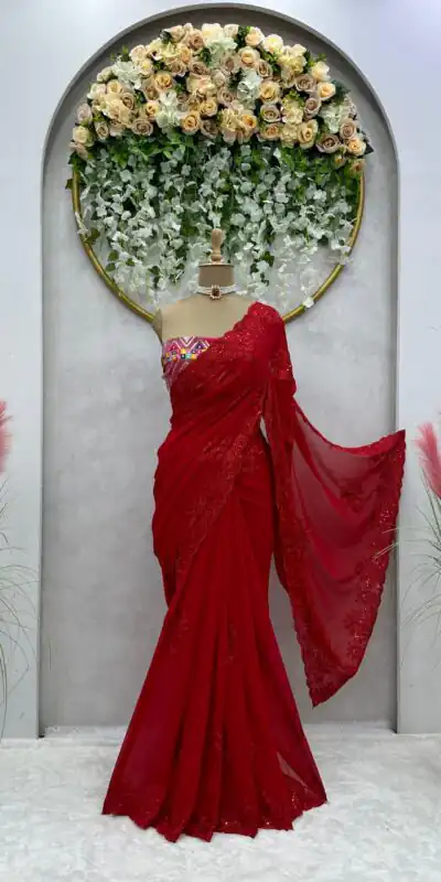 KD 443 Red Color Faux Georgette Thread With Sequence Saree Casual, Party, Wedding, Festive, Events Etc.  Expected Delivery  4-6 Working Days @1799/- Only | Sarees, Bollywood Sarees, Creative Sarees, Designer Sarees, Embroidered Sarees, Ethnic Saree, Modern Digital sarees, Party Wear Sarees