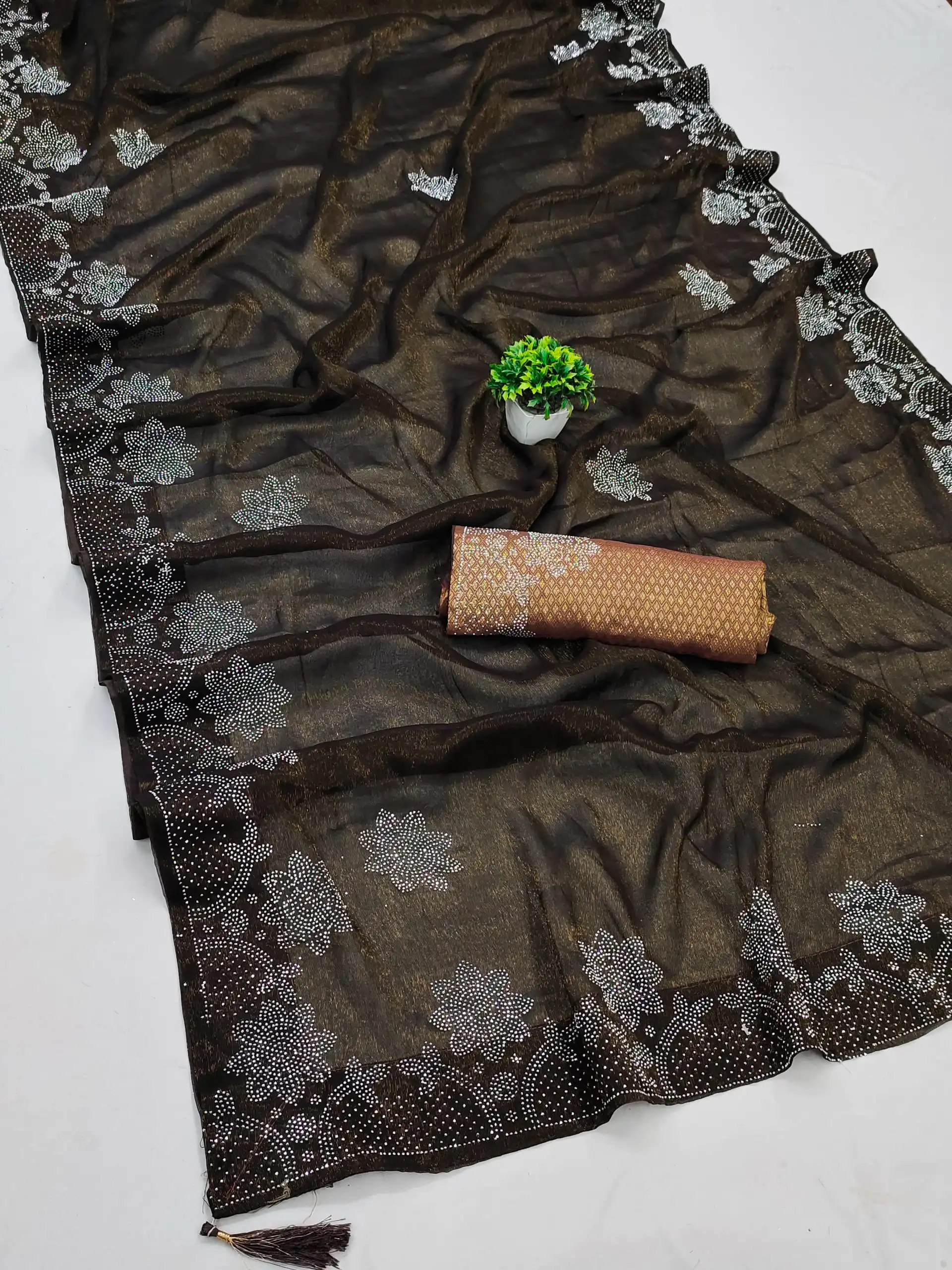 MB Mahek Coffee Color Black Ket Embellished Swarovski Diamond Saree Casual, Party Wear, Festival, Events, .  Expected Delivery  4-6 Working Days @1599/- | Sarees, Bollywood Sarees, Creative Sarees, Designer Sarees, Embroidered Sarees, Ethnic Saree, Modern Digital sarees, Party Wear Sarees