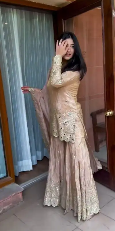 VLM 186 Golden color Chinon Silk Embroidery Work Salwar Suit Casual, Wedding, Party, Festive, Events . Expected Delivery  4-6 Working Days @2199/- | Jump Suits, Salwar suit, Designer Suits, Casual Suits, Creative suits, Palazzo Suits, Party Wear Suits, Patiala Suits, Straight Suits