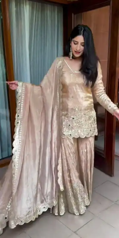 VLM 186 Golden color Chinon Silk Embroidery Work Salwar Suit Casual, Wedding, Party, Festive, Events . Expected Delivery 4-6 Working Days @2199/- | Jump Suits, Salwar suit, Designer Suits, Casual Suits, Creative suits, Palazzo Suits, Party Wear Suits, Patiala Suits, Straight Suits