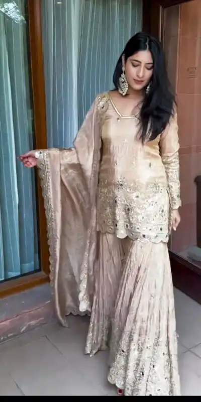 VLM 186 Golden color Chinon Silk Embroidery Work Salwar Suit Casual, Wedding, Party, Festive, Events . Expected Delivery 4-6 Working Days @2199/- | Jump Suits, Salwar suit, Designer Suits, Casual Suits, Creative suits, Palazzo Suits, Party Wear Suits, Patiala Suits, Straight Suits