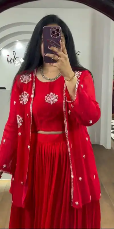 PC 365 Red Color Georgette Embroidery With Shrug Lehenga Choli Casual, Party Wear, Events, Festivals Wear Etc. Expected Delivery 4-6 Working Days @2029/- | Lehenga, Bollywood Lehenga, Creative Lehenga, Designer Lehenga, Embroidered Lehenga, Party Wear Lehenga