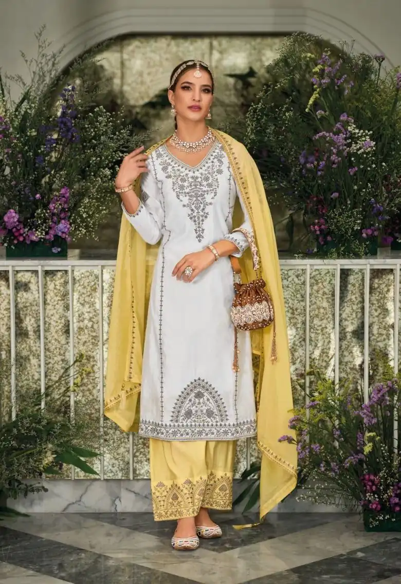 KF 1635 White Top : Georgette Chine Stitched Work Salwar Suit Wedding, Party, Festive, Events Etc. Expected Delivery 4-6 Working Days @2049/-Only | Salwar suit, Designer Suits, Casual Suits, Creative suits, Palazzo Suits, Party Wear Suits, Straight Suits