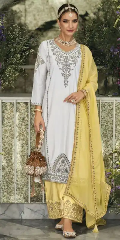 KF 1635 White Top : Georgette Chine Stitched Work Salwar Suit Wedding, Party, Festive, Events Etc.  Expected Delivery 4-6 Working Days @2049/-Only | Salwar suit, Designer Suits, Casual Suits, Creative suits, Palazzo Suits, Party Wear Suits, Straight Suits