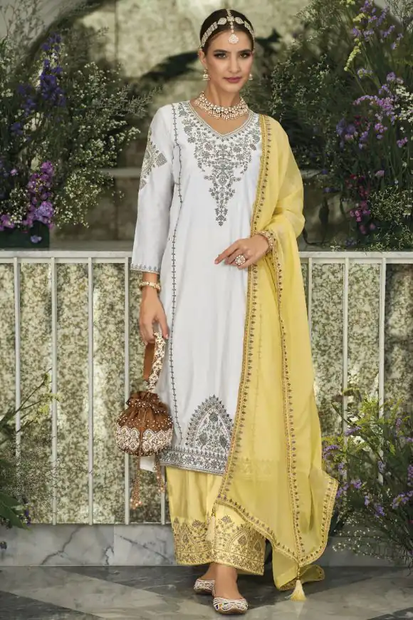 KF 1635 White Top : Georgette Chine Stitched Work Salwar Suit Wedding, Party, Festive, Events Etc. Expected Delivery 4-6 Working Days @2049/-Only | Salwar suit, Designer Suits, Casual Suits, Creative suits, Palazzo Suits, Party Wear Suits, Straight Suits