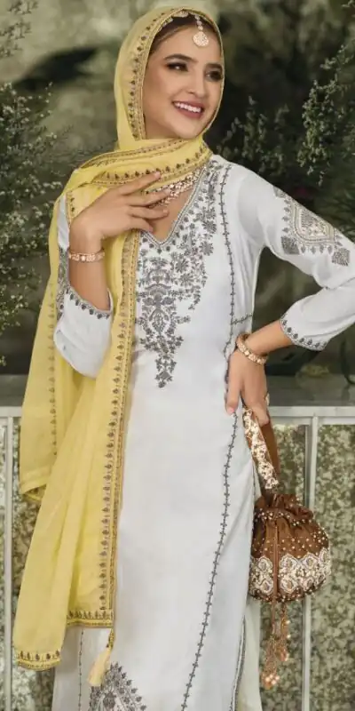 KF 1635 White Top : Georgette Chine Stitched Work Salwar Suit Wedding, Party, Festive, Events Etc. Expected Delivery 4-6 Working Days @2049/-Only | Salwar suit, Designer Suits, Casual Suits, Creative suits, Palazzo Suits, Party Wear Suits, Straight Suits