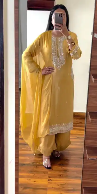 SRK 5159 Yellow Color Pure Chinnon Silk Embroidery Coding Dori Salwar Suit Wedding, Party, Festive, Events Expected Delivery 4-6 Working Days @ 1899/- | Jump Suits, Salwar suit, Designer Suits, Casual Suits, Creative suits, Palazzo Suits, Party Wear Suits, Patiala Suits, Straight Suits