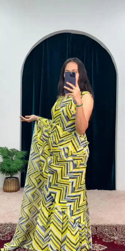 ST 1051 Yellow Color Georgette Digital Printed Ruffle Work Saree Casual, Wedding, Party, Festive, Events Etc. Expected Delivery 4-6 Working Days @1849/- | Sarees, Bollywood Sarees, Creative Sarees, Designer Sarees, Embroidered Sarees, Ethnic Saree, Modern Digital sarees, Party Wear Sarees