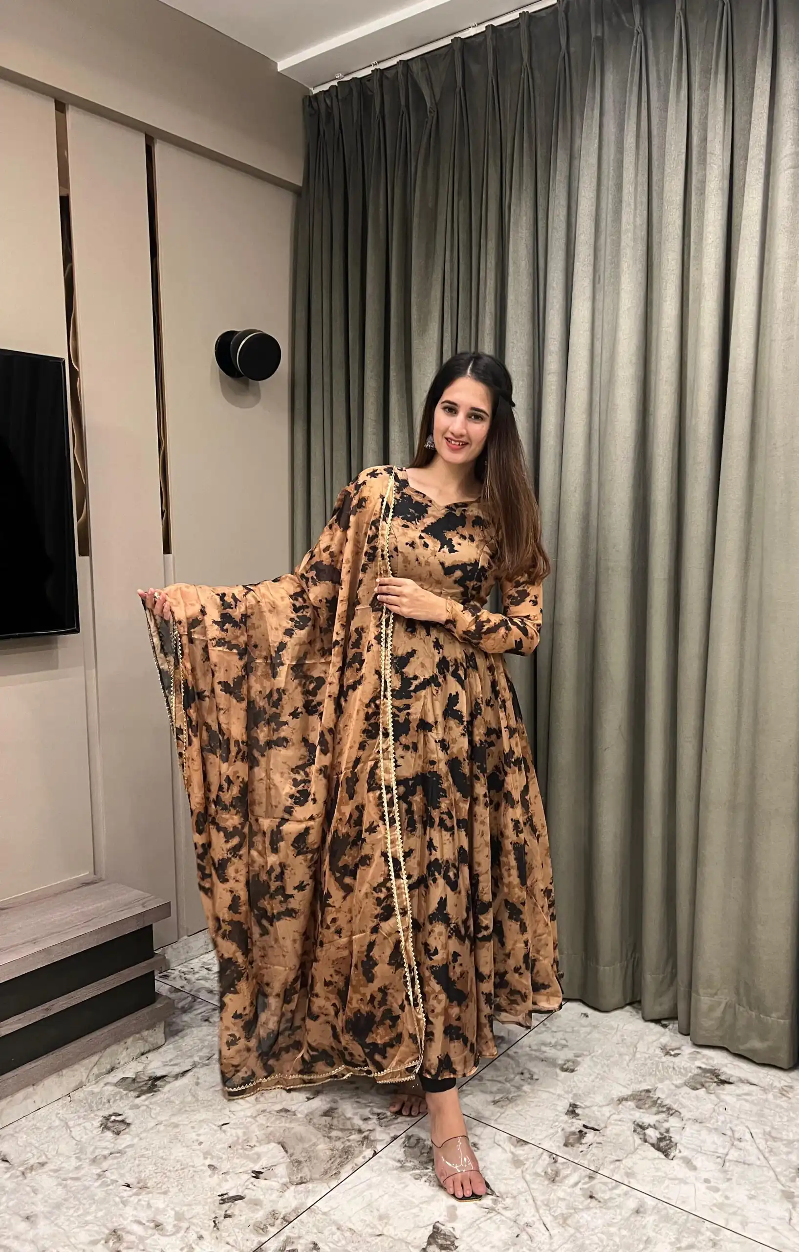 NF 1211 Chiku color Organza Digital Printed Anarkali Suit Casual, Wedding, Party, Festive, Events . Expected Delivery 4-6 Working Days @2249 | Anarkali Suits, Bollywood Anarkali, Creative-Anarkali, Designer Anarkali, Embroidered Anarkali, Party Wear Anarkali