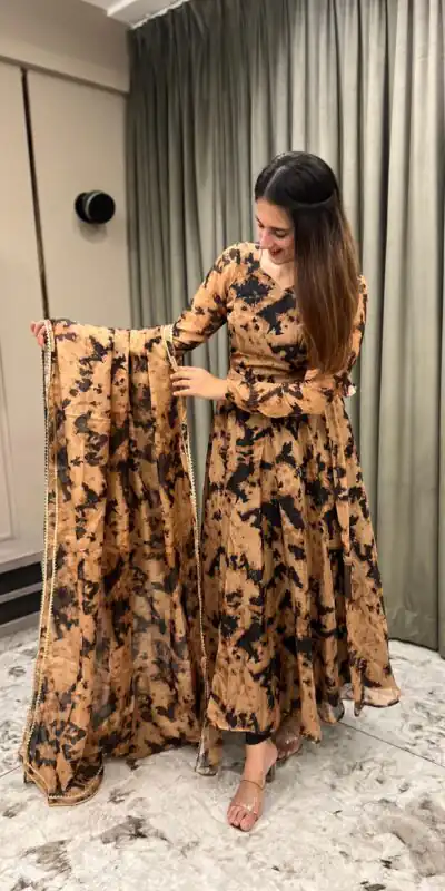 NF 1211 Chiku color Organza Digital Printed Anarkali Suit Casual, Wedding, Party, Festive, Events . Expected Delivery 4-6 Working Days @2249 | Anarkali Suits, Bollywood Anarkali, Creative-Anarkali, Designer Anarkali, Embroidered Anarkali, Party Wear Anarkali