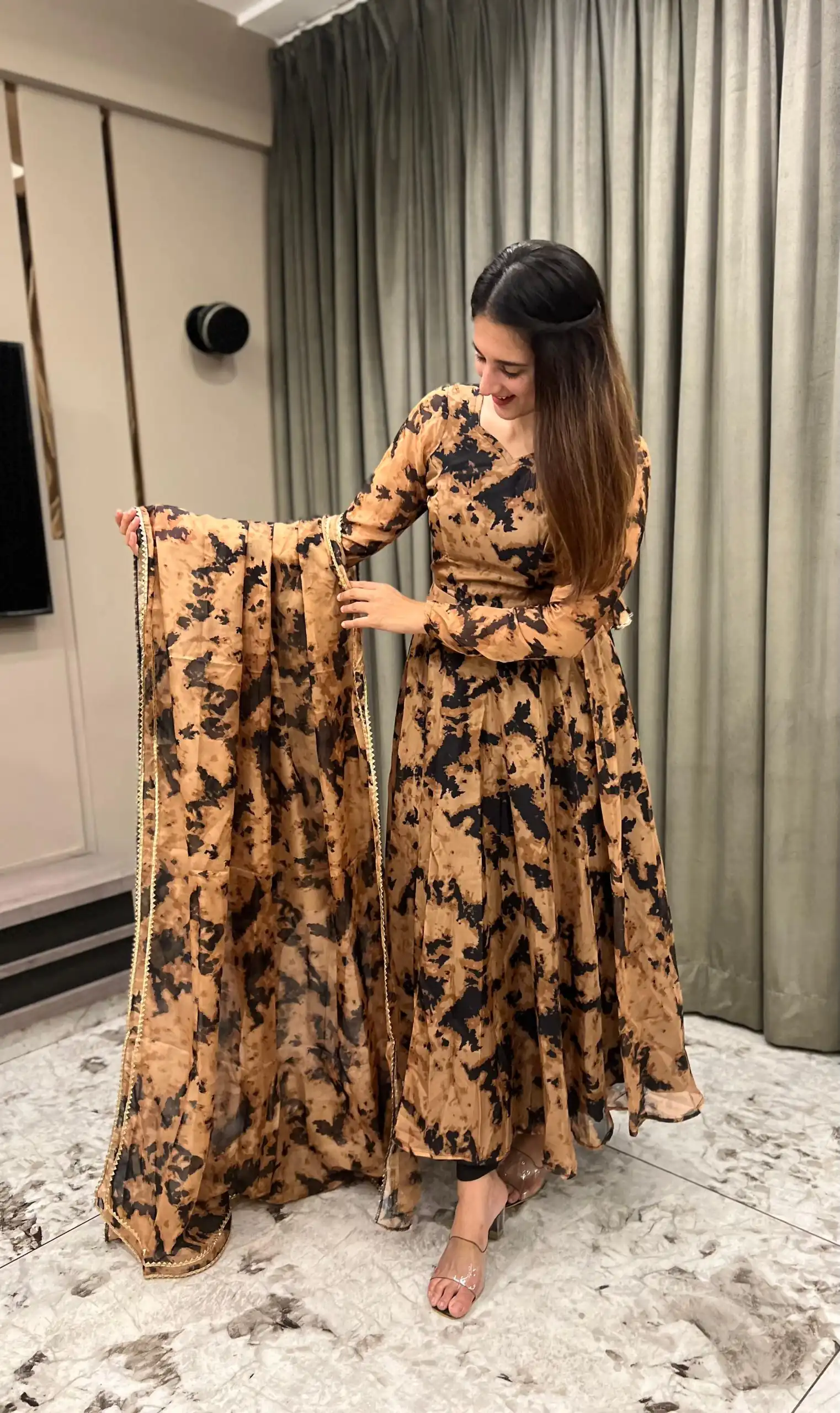 NF 1211 Chiku color Organza Digital Printed Anarkali Suit Casual, Wedding, Party, Festive, Events . Expected Delivery 4-6 Working Days @2249 | Anarkali Suits, Bollywood Anarkali, Creative-Anarkali, Designer Anarkali, Embroidered Anarkali, Party Wear Anarkali