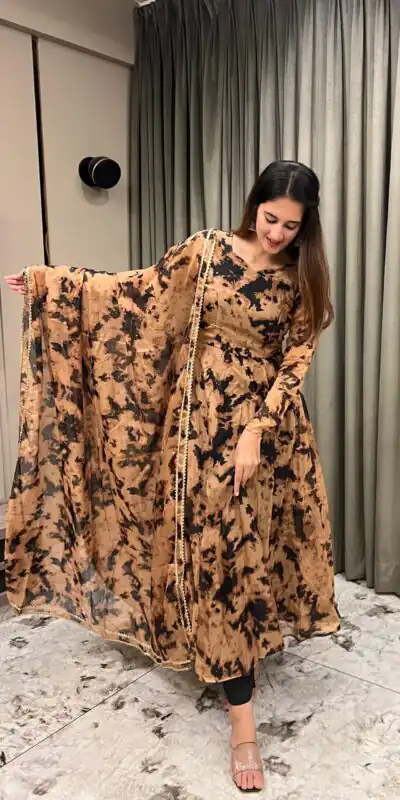 NF 1211 Chiku color Organza Digital Printed Anarkali Suit Casual, Wedding, Party, Festive, Events . Expected Delivery 4-6 Working Days @2249 | Anarkali Suits, Bollywood Anarkali, Creative-Anarkali, Designer Anarkali, Embroidered Anarkali, Party Wear Anarkali