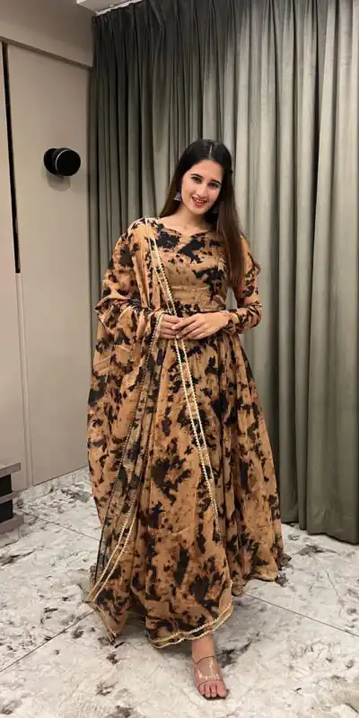 NF 1211 Chiku color Organza Digital Printed Anarkali Suit Casual, Wedding, Party, Festive, Events . Expected Delivery 4-6 Working Days @2249 | Anarkali Suits, Bollywood Anarkali, Creative-Anarkali, Designer Anarkali, Embroidered Anarkali, Party Wear Anarkali