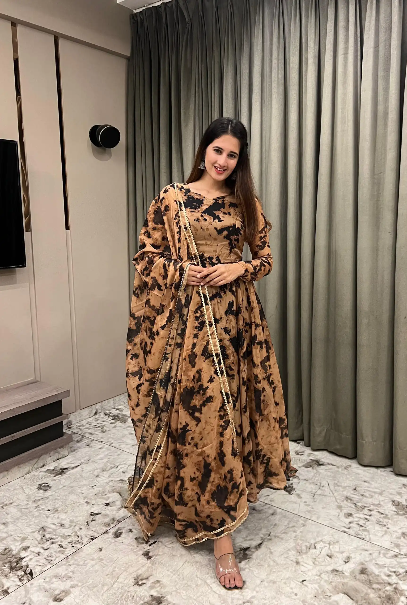 NF 1211 Chiku color Organza Digital Printed Anarkali Suit Casual, Wedding, Party, Festive, Events . Expected Delivery 4-6 Working Days @2249 | Anarkali Suits, Bollywood Anarkali, Creative-Anarkali, Designer Anarkali, Embroidered Anarkali, Party Wear Anarkali