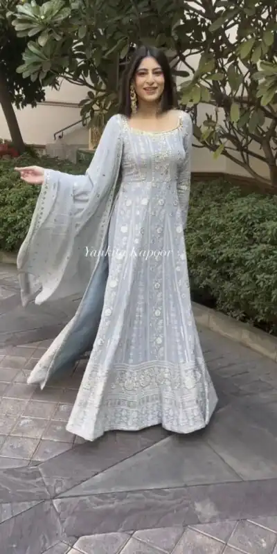 VLM 150 Grey color Foix Georgette Embroidery Woek Salwar Suit Casual, Wedding, Party, Festive, Events . Expected Delivery  4-6 Working Days @2249/- | Jump Suits, Salwar suit, Designer Suits, Casual Suits, Creative suits, Palazzo Suits, Party Wear Suits, Patiala Suits, Straight Suits
