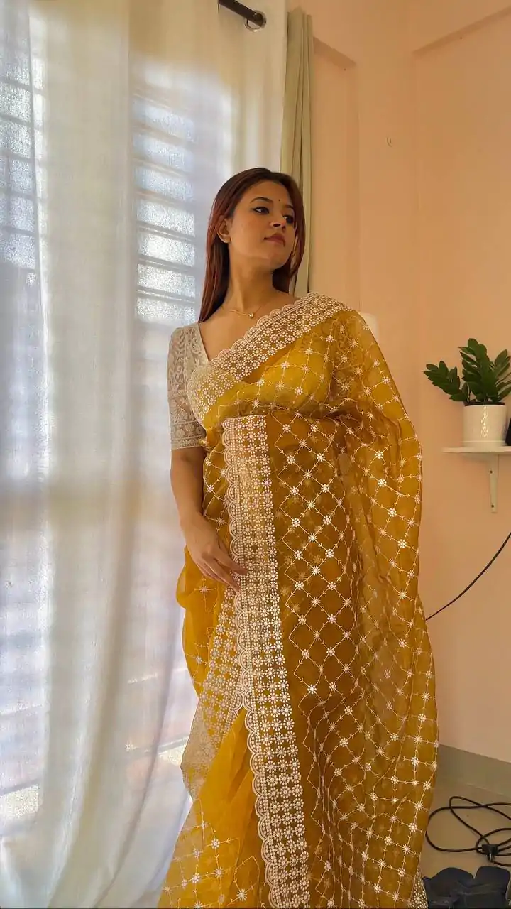  AC ARROW Mustard Color Organza Embroidery Thread Work Saree Casual, Wedding, Festive, Events Expected Delivery 4-6 Working Days @2099/- | Sarees, Bollywood Sarees, Creative Sarees, Designer Sarees, Embroidered Sarees, Ethnic Saree, Modern Digital sarees, Party Wear Sarees