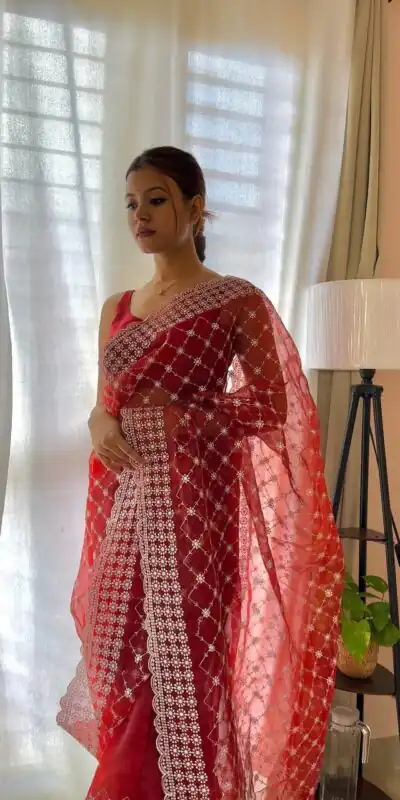  AC ARROW Red Color Organza Embroidery Thread Work Saree Casual, Wedding, Festive, Events Expected Delivery 4-6 Working Days @2099/- | Sarees, Bollywood Sarees, Creative Sarees, Designer Sarees, Embroidered Sarees, Ethnic Saree, Modern Digital sarees, Party Wear Sarees