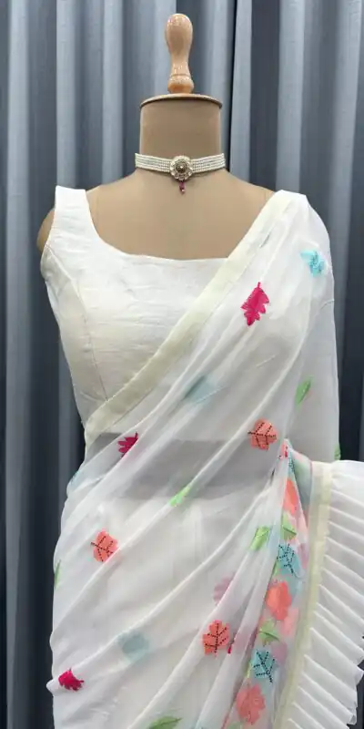 KD 390 White Color Faux Georgette Thread With Fancy Ruffle Saree Casual, Party, Wedding, Festive, Events Etc.  Expected Delivery  4-6 Working Days @1749/- | Sarees, Bollywood Sarees, Creative Sarees, Designer Sarees, Embroidered Sarees, Ethnic Saree, Modern Digital sarees, Party Wear Sarees