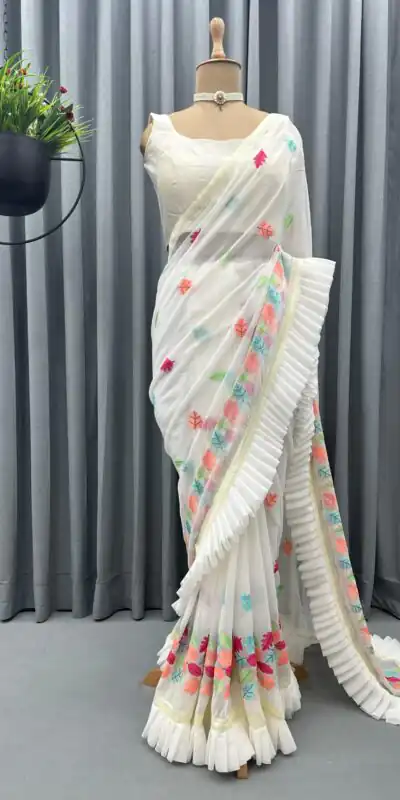 KD 390 White Color Faux Georgette Thread With Fancy Ruffle Saree Casual, Party, Wedding, Festive, Events Etc.  Expected Delivery  4-6 Working Days @1749/- | Sarees, Bollywood Sarees, Creative Sarees, Designer Sarees, Embroidered Sarees, Ethnic Saree, Modern Digital sarees, Party Wear Sarees