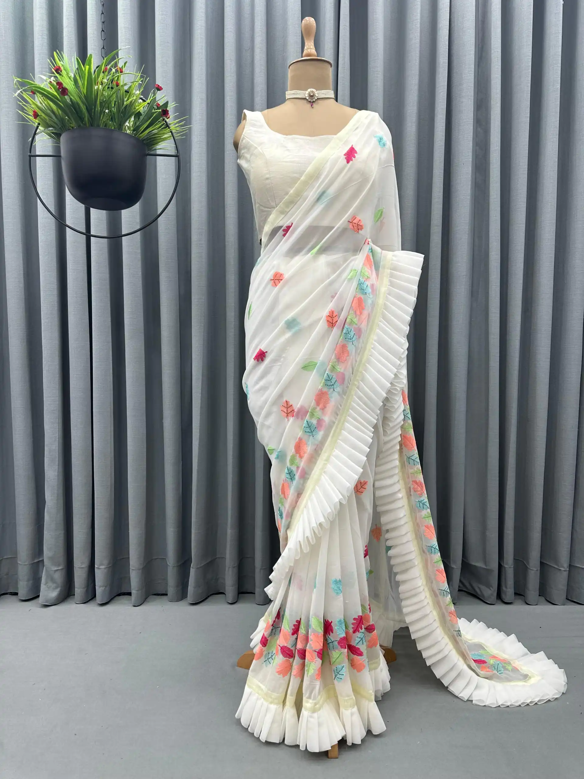 KD 390 White Color Faux Georgette Thread With Fancy Ruffle Saree Casual, Party, Wedding, Festive, Events Etc.  Expected Delivery  4-6 Working Days @1749/- | Sarees, Bollywood Sarees, Creative Sarees, Designer Sarees, Embroidered Sarees, Ethnic Saree, Modern Digital sarees, Party Wear Sarees