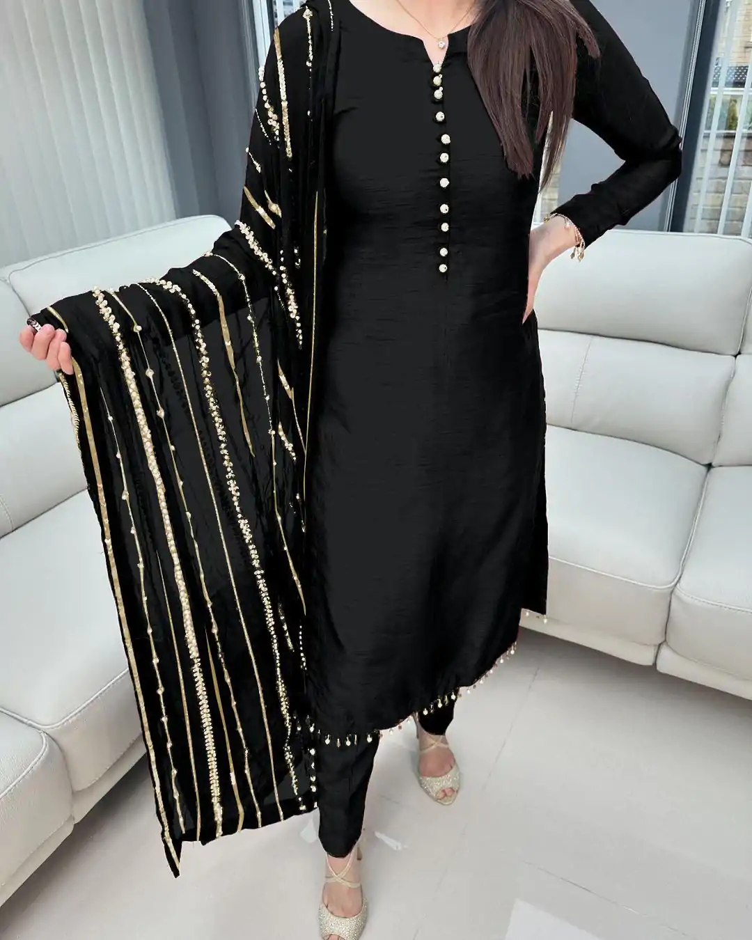 SRK 5161 Black Color Chinnon Silk Embroidery Coding Dori Salwar Suit Wedding, Party, Festive, Events Expected Delivery 4-6 Working Days @ 1899/- | Jump Suits, Salwar suit, Designer Suits, Casual Suits, Creative suits, Palazzo Suits, Party Wear Suits, Patiala Suits, Straight Suits