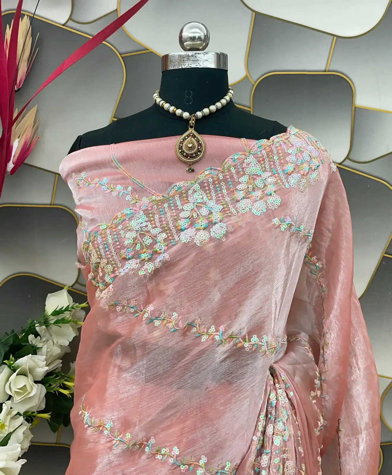  SC 289 Peach Color Jimi Choo Silk Beautiful Embroidery Saree , Party Wear, Events, Festivals Expected Delivery 4-6 Working Days 1999/- | Sarees, Bollywood Sarees, Creative Sarees, Designer Sarees, Embroidered Sarees, Ethnic Saree, Modern Digital sarees, Party Wear Sarees
