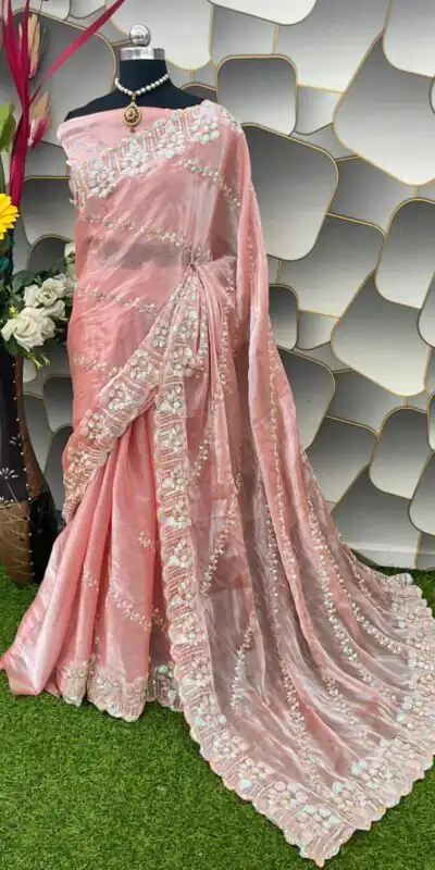 SC 289 Peach Color Jimi Choo Silk Beautiful Embroidery Saree , Party Wear, Events, Festivals Expected Delivery 4-6 Working Days 1999/- | Sarees, Bollywood Sarees, Creative Sarees, Designer Sarees, Embroidered Sarees, Ethnic Saree, Modern Digital sarees, Party Wear Sarees