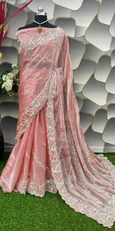  SC 289 Peach Color Jimi Choo Silk Beautiful Embroidery Saree , Party Wear, Events, Festivals Expected Delivery 4-6 Working Days 1999/- | Sarees, Bollywood Sarees, Creative Sarees, Designer Sarees, Embroidered Sarees, Ethnic Saree, Modern Digital sarees, Party Wear Sarees