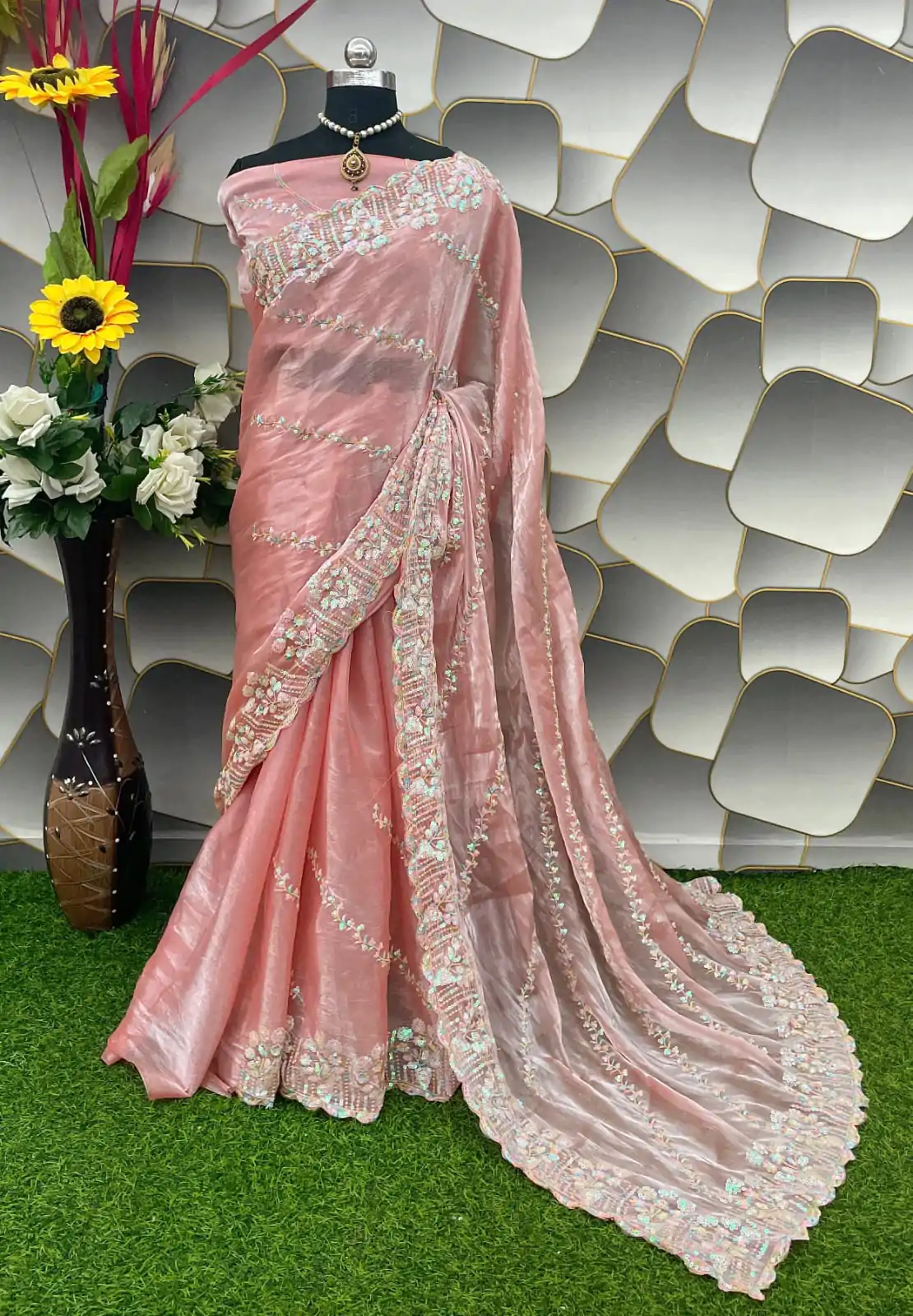  SC 289 Peach Color Jimi Choo Silk Beautiful Embroidery Saree , Party Wear, Events, Festivals Expected Delivery 4-6 Working Days 1999/- | Sarees, Bollywood Sarees, Creative Sarees, Designer Sarees, Embroidered Sarees, Ethnic Saree, Modern Digital sarees, Party Wear Sarees