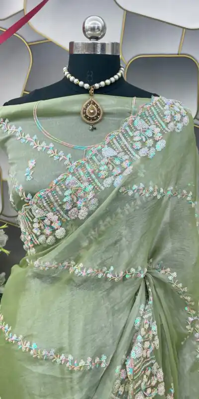 SC 289 Pista Green Color Jimi Choo Silk Beautiful Embroidery Saree , Party Wear, Events, Festivals Expected Delivery 4-6 Working Days 1999/- | Sarees, Bollywood Sarees, Creative Sarees, Designer Sarees, Embroidered Sarees, Ethnic Saree, Modern Digital sarees, Party Wear Sarees