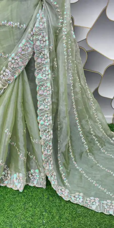 SC 289 Pista Green Color Jimi Choo Silk Beautiful Embroidery Saree , Party Wear, Events, Festivals Expected Delivery 4-6 Working Days 1999/- | Sarees, Bollywood Sarees, Creative Sarees, Designer Sarees, Embroidered Sarees, Ethnic Saree, Modern Digital sarees, Party Wear Sarees
