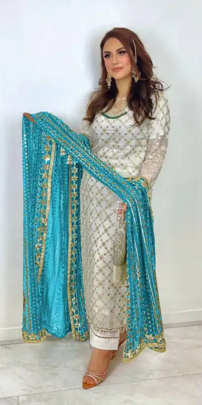 SRK 5133 White & Blue Color Faux Georgette Embroidery Salwar Suit Wedding, Party, Festive, Events Expected Delivery 4-6 Working Days @ 2449/- | Salwar suit, Designer Suits, Casual Suits, Creative suits, Palazzo Suits, Party Wear Suits, Patiala Suits, Straight Suits