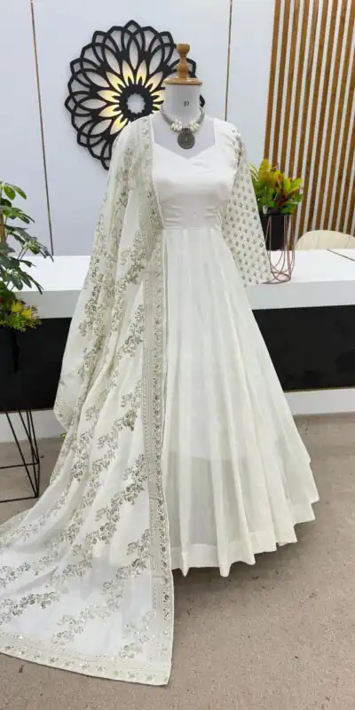 ZF 378 White Color Chinon Silk Embroidery Sequence Work Gown Casual, Wedding, Party, Festive, Events Etc. Expected Delivery 4-6 Working Days @2099/- | Gowns, Bollywood Gowns, Creative Gowns, Designer Gowns, Embroidered Gowns, Party Wear Gowns